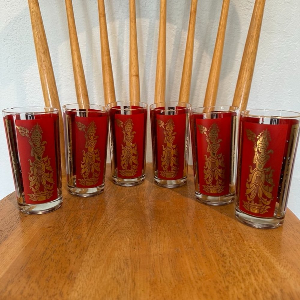 1950’s red and gold MCM Alberto Culver Buddha highball bar glasses (set of 6)